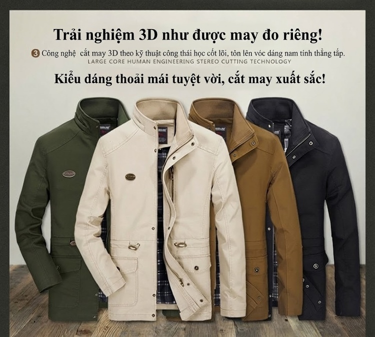 Áo Khoác Gió Nam Cotton Dáng Suông Có Mũ Trùm Đầu Màu Be, Đen, Xanh Rêu, Nâu chi tiết 2