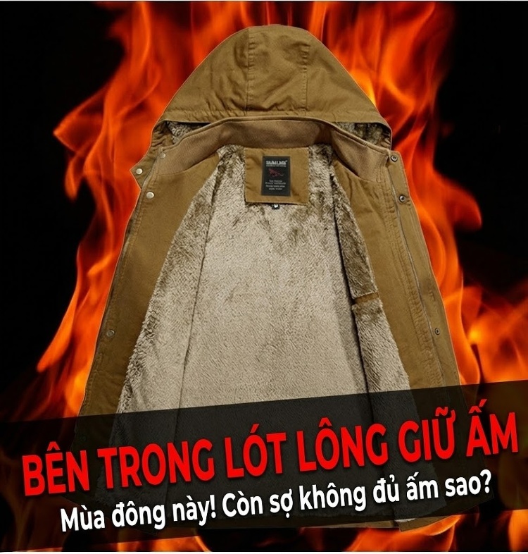 Áo Khoác Dáng Dài Nam Lót Lông Cừu Mũ Trùm Đầu Size Lớn Màu Đen, Nâu, Xanh Rêu, Kem... chi tiết 2