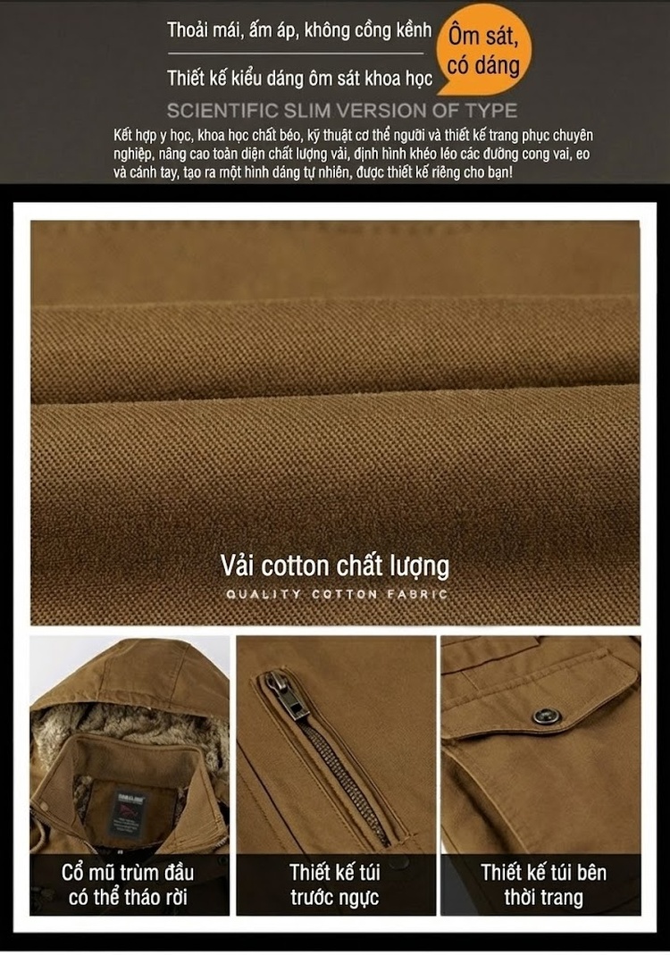 Áo Khoác Dáng Dài Nam Lót Lông Cừu Mũ Trùm Đầu Size Lớn Màu Đen, Nâu, Xanh Rêu, Kem... chi tiết 5