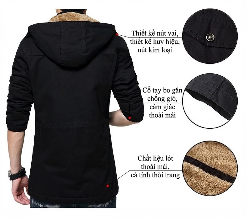 Áo Khoác Dáng Rộng Có Mũ Trùm Đầu Phong Cách Âu Mỹ Màu Đen, Nâu, Xanh, Be chi tiết 1