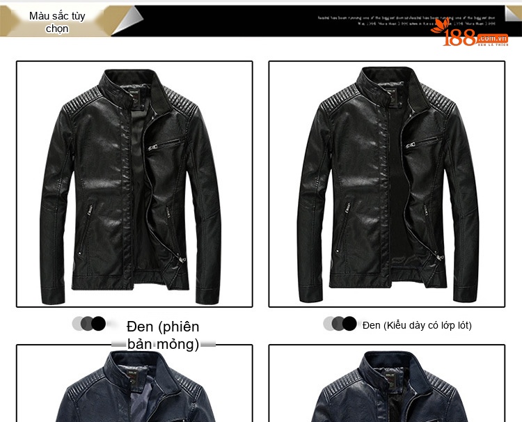 Áo Khoác Da PU Nam Mỏng Dáng Motor Biker Màu Nâu, Đen, Xanh Navy, Xanh Rêu... chi tiết 6