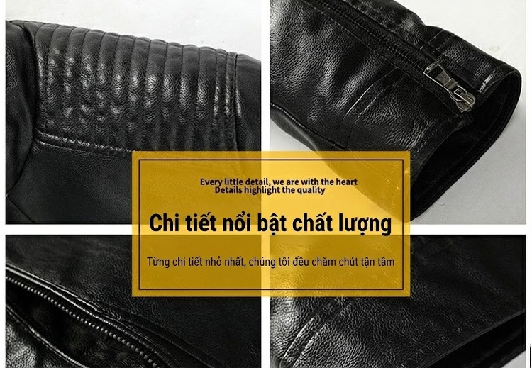 Áo Khoác Da PU Nam Mỏng Dáng Motor Biker Màu Nâu, Đen, Xanh Navy, Xanh Rêu... chi tiết 4