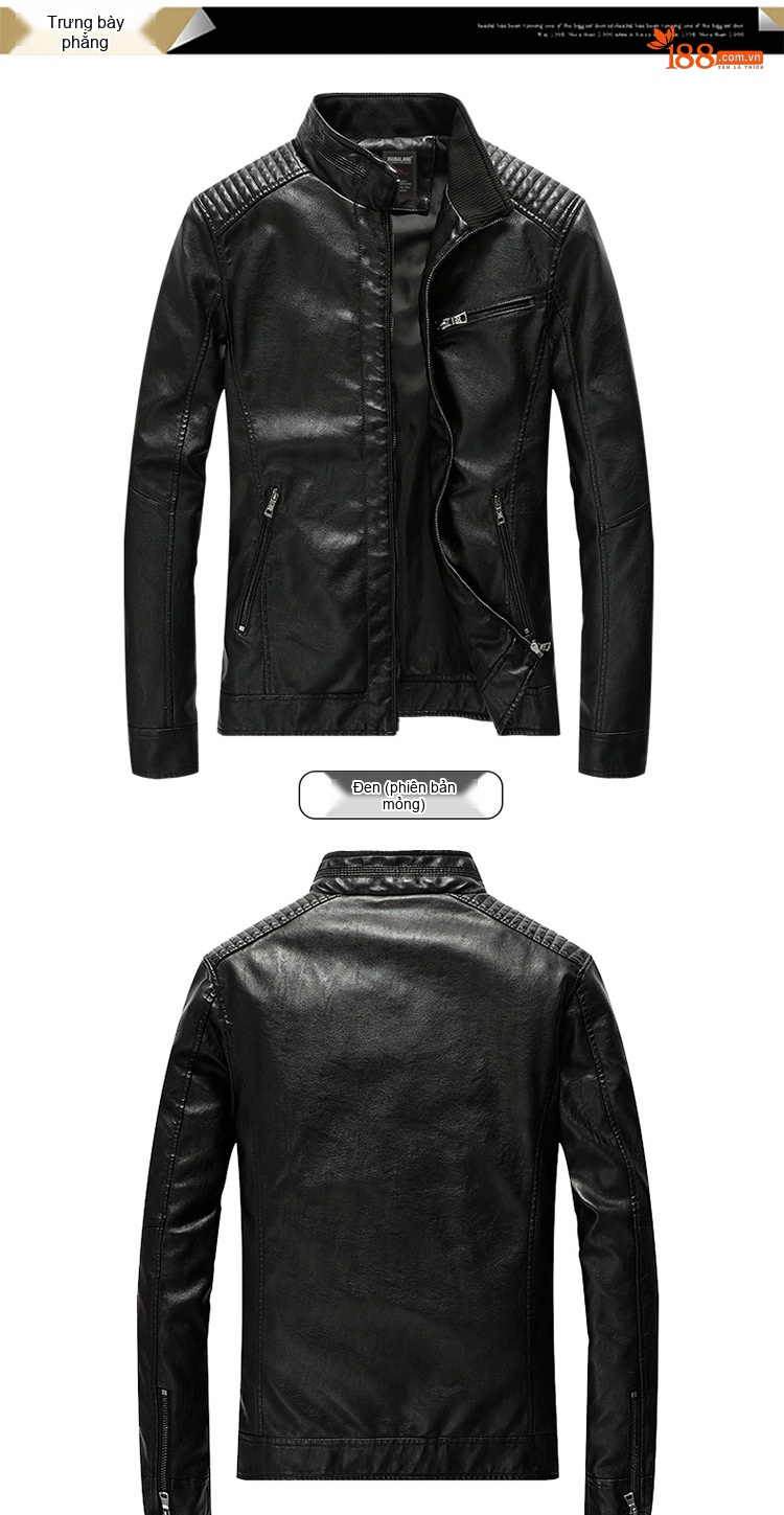 Áo Khoác Da PU Nam Mỏng Dáng Motor Biker Màu Nâu, Đen, Xanh Navy, Xanh Rêu... chi tiết 9