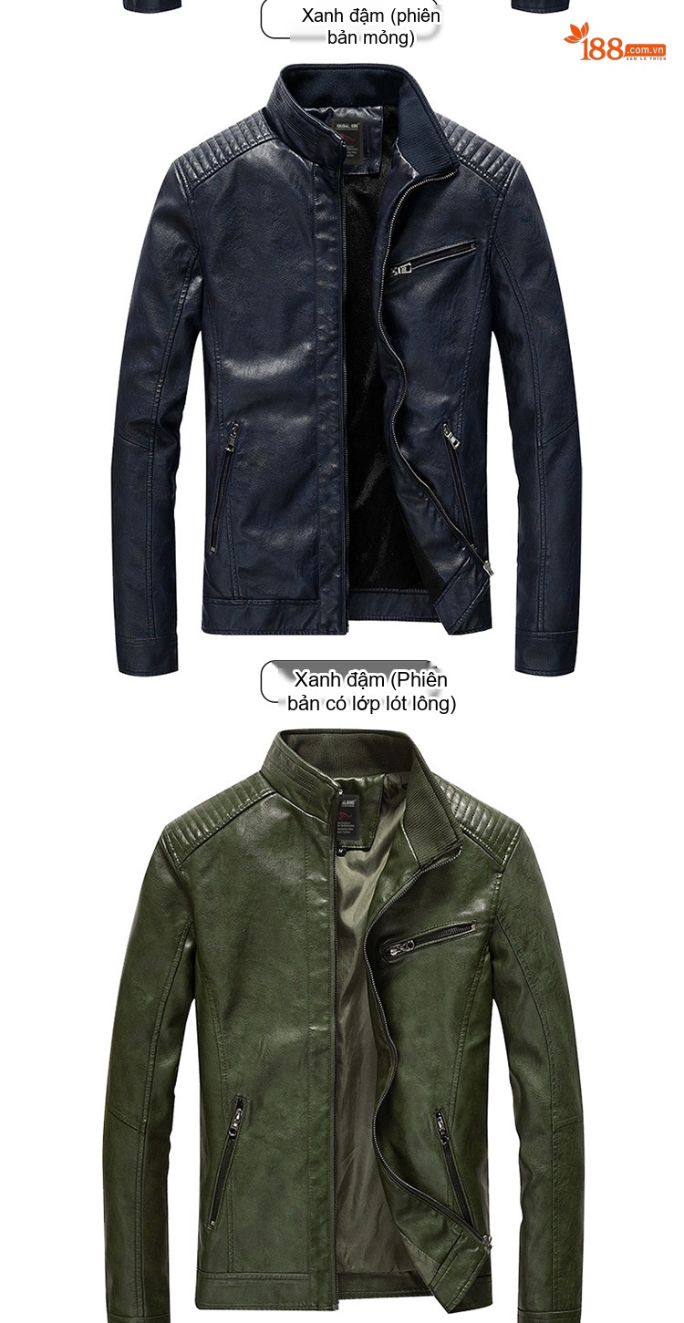 Áo Khoác Da PU Nam Mỏng Dáng Motor Biker Màu Nâu, Đen, Xanh Navy, Xanh Rêu... chi tiết 11