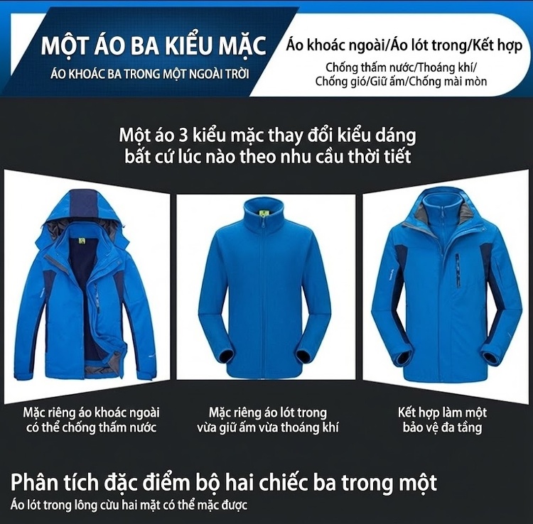 Áo Khoác Gió 3in1 Nam Nữ 2 Lớp Lót Lông Cừu Non Đi Phượt Leo Núi Màu Xanh Dương, Xám, Đỏ, Hồng... chi tiết 2