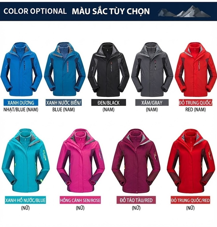 Áo Khoác Gió 3in1 Nam Nữ 2 Lớp Lót Lông Cừu Non Đi Phượt Leo Núi Màu Xanh Dương, Xám, Đỏ, Hồng... chi tiết 10