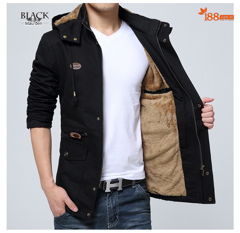 Áo Khoác Gió Nam Lót Lông Có Mũ Cotton Dày Dặn Size Lớn Màu Đen, Xanh Rêu, Be, Nâu chi tiết 13