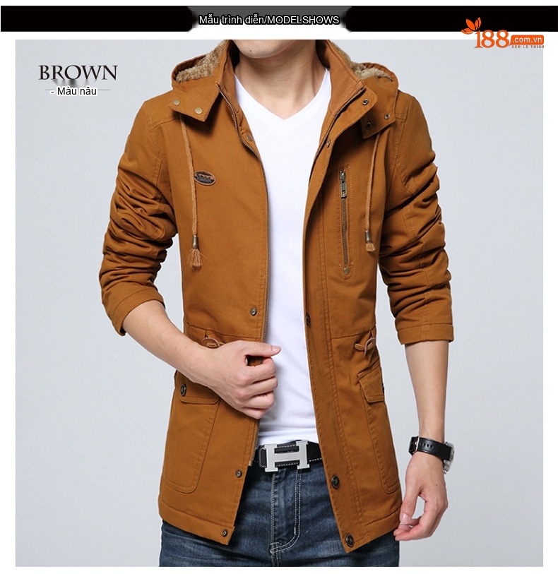 Áo Khoác Gió Nam Lót Lông Có Mũ Cotton Dày Dặn Size Lớn Màu Đen, Xanh Rêu, Be, Nâu chi tiết 5