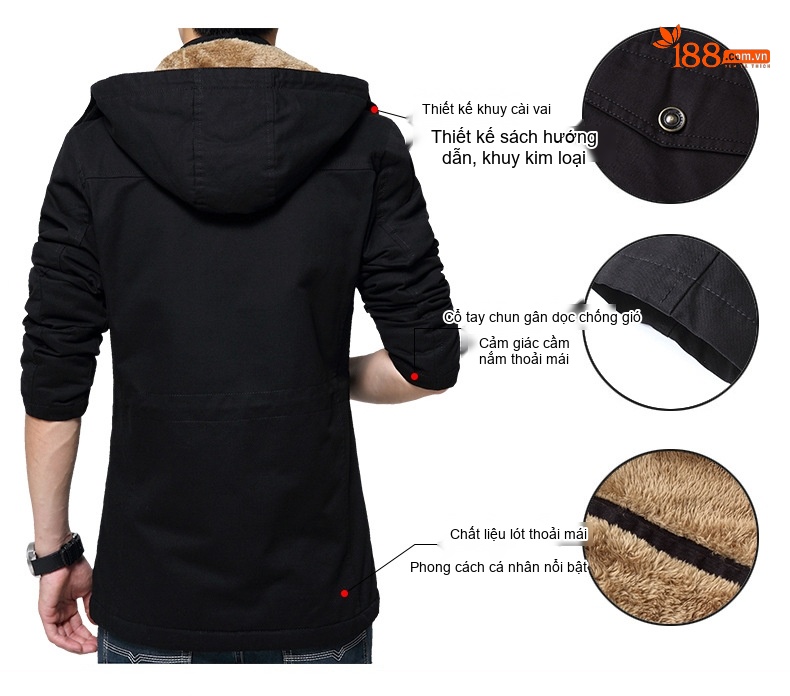 Áo Khoác Gió Nam Lót Lông Có Mũ Cotton Dày Dặn Size Lớn Màu Đen, Xanh Rêu, Be, Nâu chi tiết 1