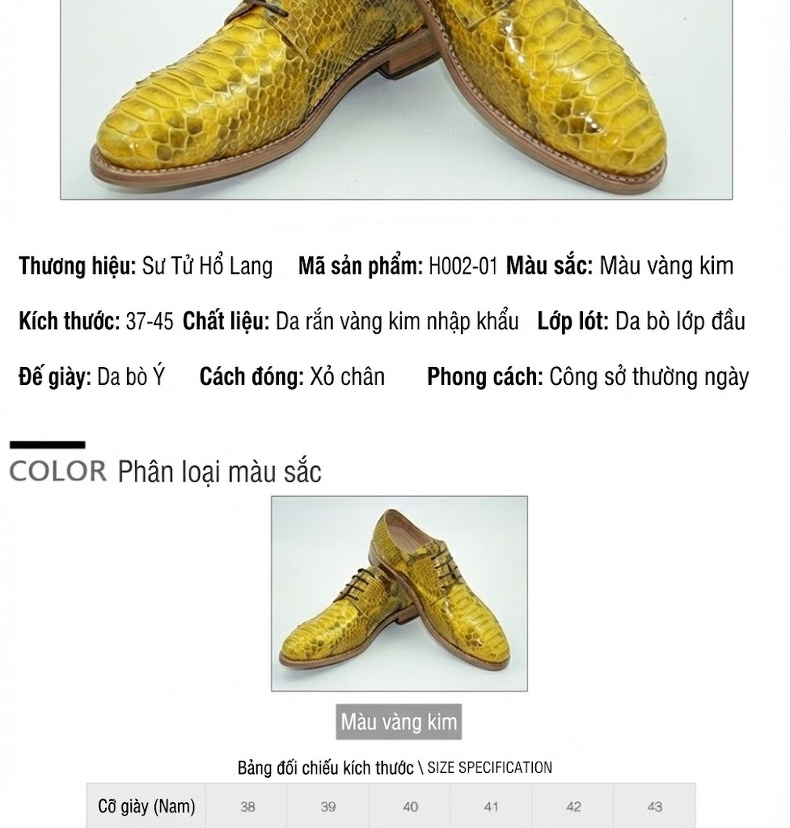 Giày Tây Buộc Dây Nam Da Rắn Chiều Cao Đế Khoảng 3cm Màu Vàng chi tiết 15
