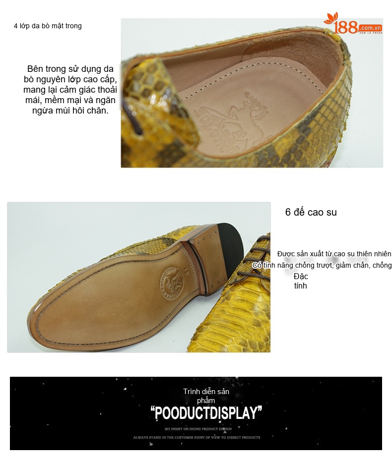 Giày Tây Buộc Dây Nam Da Rắn Chiều Cao Đế Khoảng 3cm Màu Vàng chi tiết 19