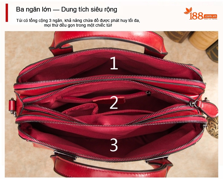 Túi Xách Nữ Công Sở Da Bò Lớn Đeo Vai Đeo Chéo Màu Đỏ chi tiết 40