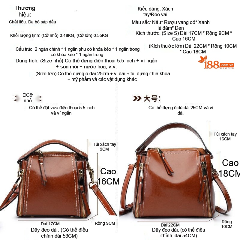 Túi Đeo Chéo Nữ Da Bò Mini Dáng Trống Cổ Điển Màu Nâu, Đen chi tiết 1