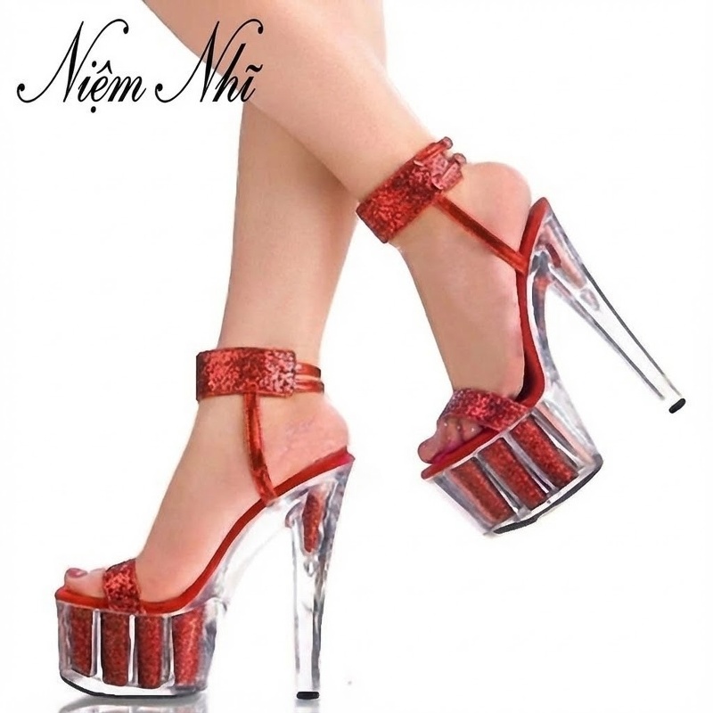Giày Sandal Cao Gót Nữ Hở Ngón Quai Ngang Lấp Lánh Gót Cao 10cm - 12cm Màu Bạc, Đỏ, Xanh...
