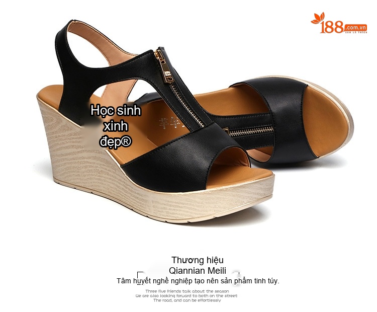 Dép Sandal Nữ Hở Ngón Đế Xuồng Quai Chữ T Khoá Kéo Đế Cao 5cm - 6cm Màu Đen, Kem chi tiết 16