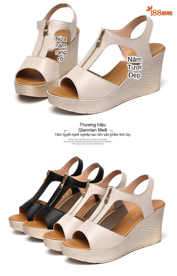 Dép Sandal Nữ Hở Ngón Đế Xuồng Quai Chữ T Khoá Kéo Đế Cao 5cm - 6cm Màu Đen, Kem chi tiết 17