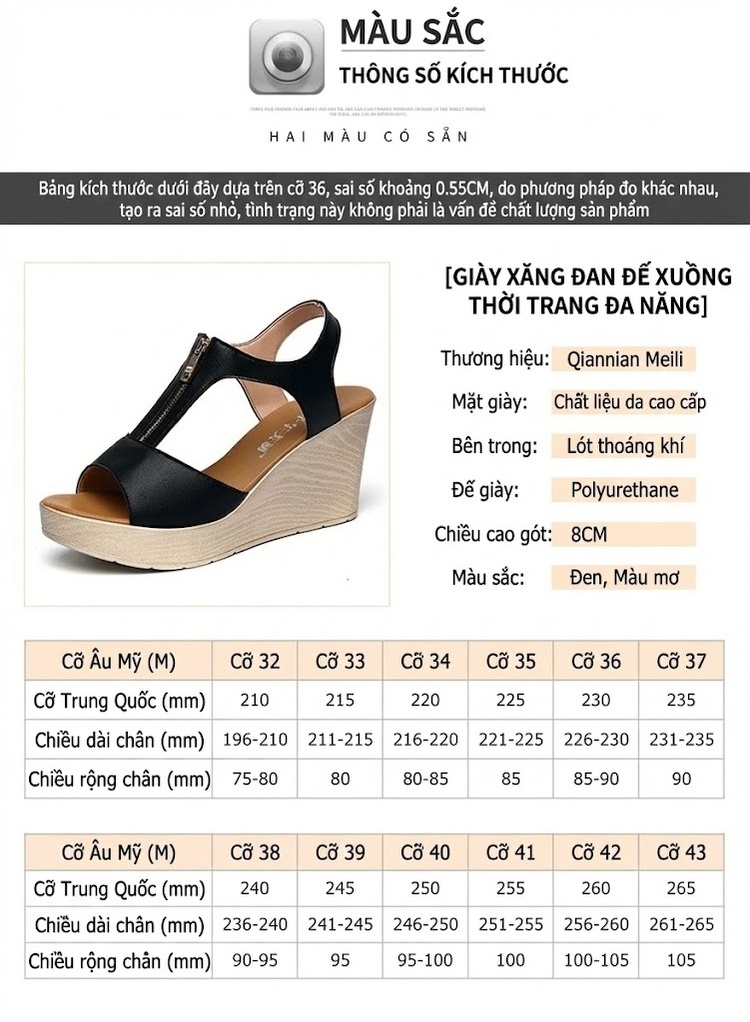 Dép Sandal Nữ Hở Ngón Đế Xuồng Quai Chữ T Khoá Kéo Đế Cao 5cm - 6cm Màu Đen, Kem chi tiết 3