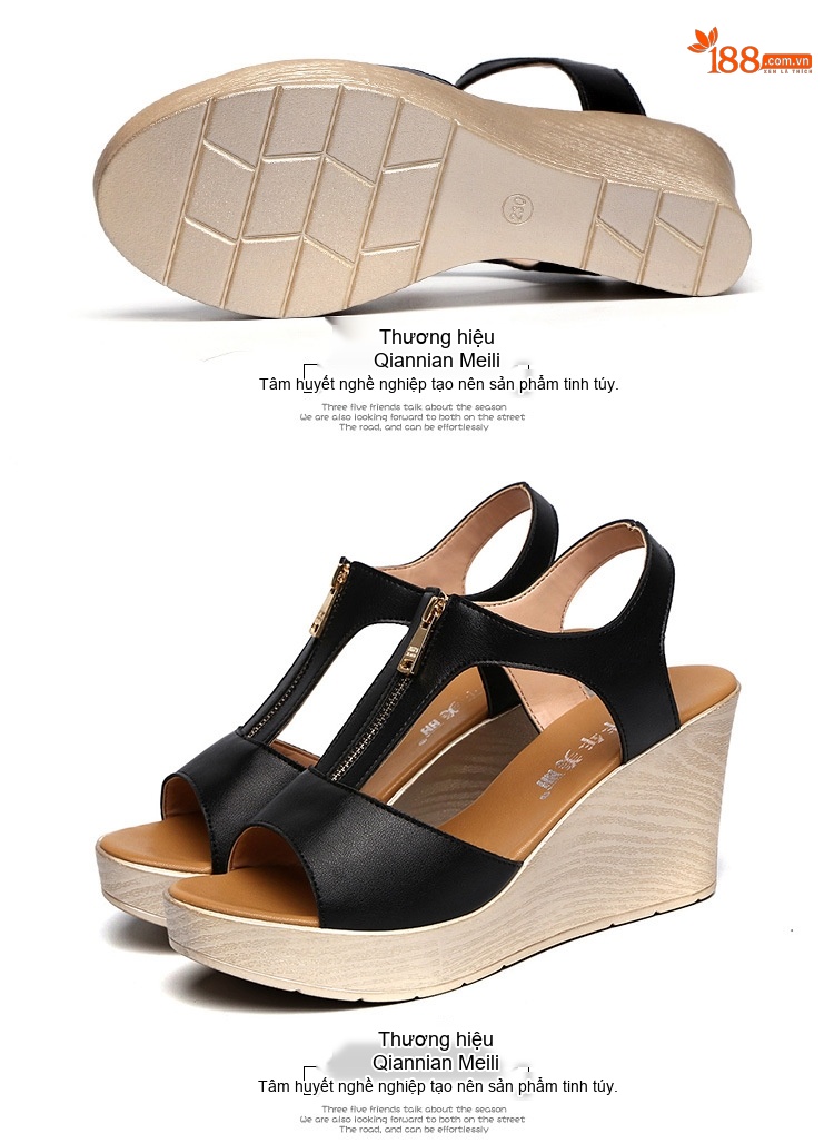 Dép Sandal Nữ Hở Ngón Đế Xuồng Quai Chữ T Khoá Kéo Đế Cao 5cm - 6cm Màu Đen, Kem chi tiết 15
