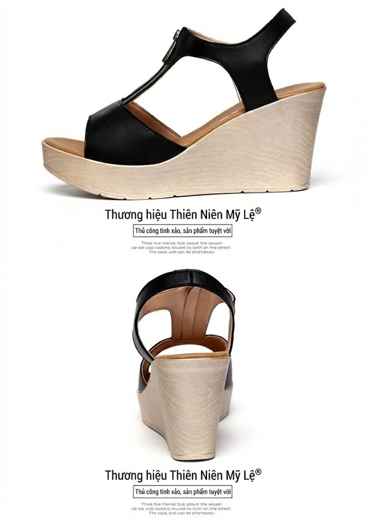 Dép Sandal Nữ Hở Ngón Đế Xuồng Quai Chữ T Khoá Kéo Đế Cao 5cm - 6cm Màu Đen, Kem chi tiết 14