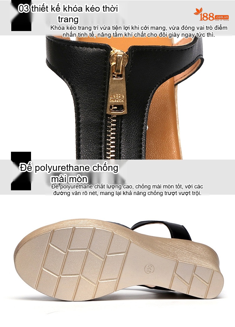 Dép Sandal Nữ Hở Ngón Đế Xuồng Quai Chữ T Khoá Kéo Đế Cao 5cm - 6cm Màu Đen, Kem chi tiết 5