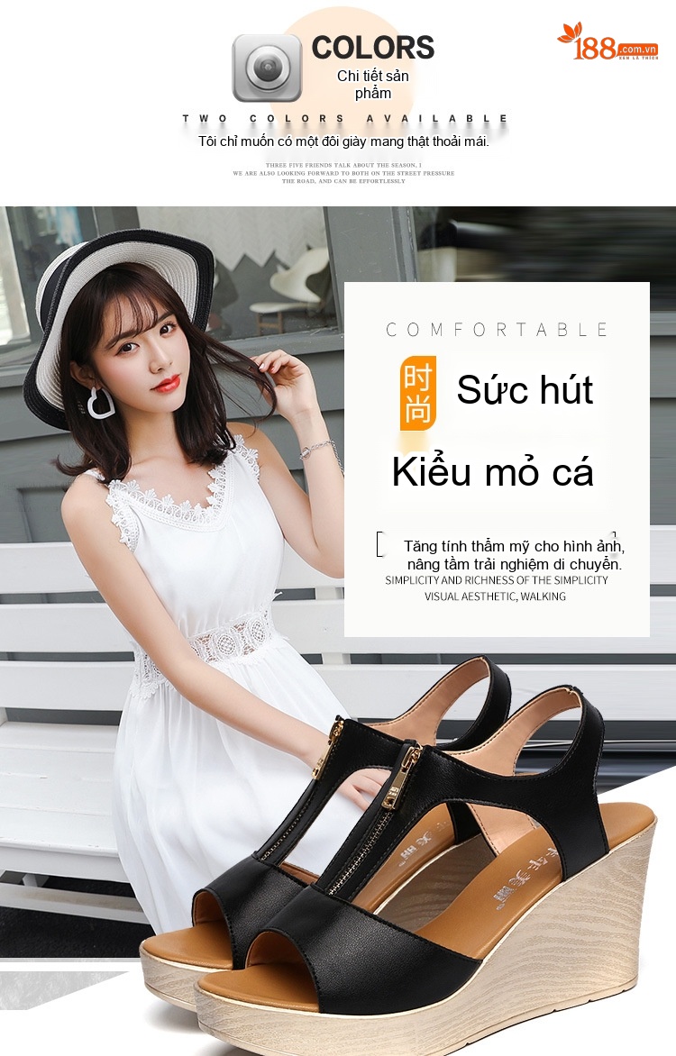 Dép Sandal Nữ Hở Ngón Đế Xuồng Quai Chữ T Khoá Kéo Đế Cao 5cm - 6cm Màu Đen, Kem chi tiết 4