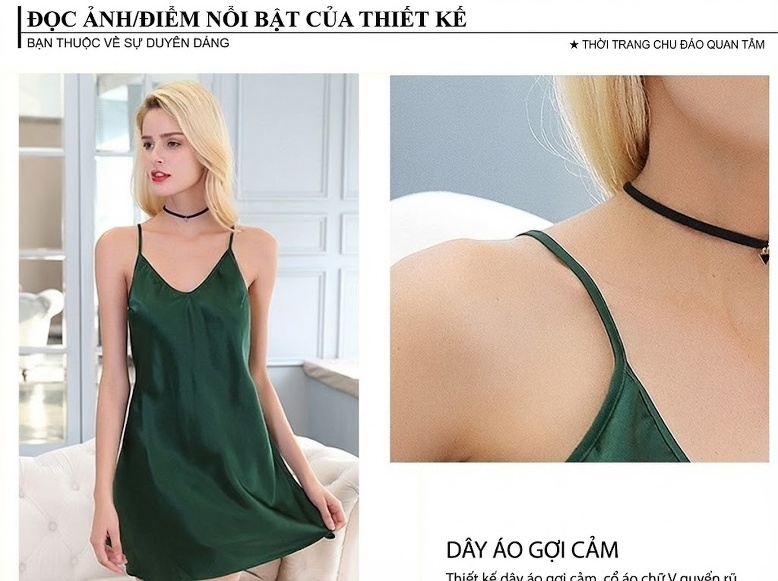 Váy Ngủ Hai Dây Nữ Mùa Hè Sexy Hở Lưng Chất Liệu Tơ Tằm Trung Dài Màu Xanh Lá, Xanh Navy, Hồng chi tiết 2