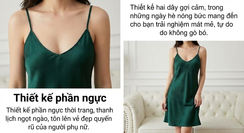 Váy Ngủ Hai Dây Nữ Mùa Hè Sexy Hở Lưng Chất Liệu Tơ Tằm Trung Dài Màu Xanh Lá, Xanh Navy, Hồng chi tiết 3