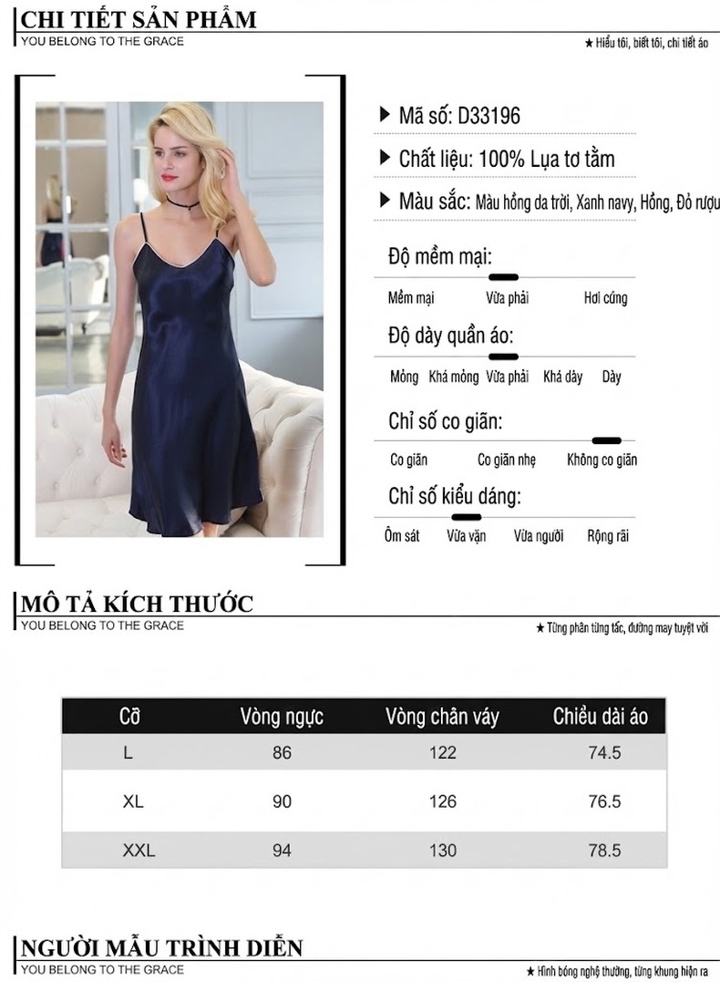 Váy Ngủ Hai Dây Nữ Viền Ren Cổ chữ V Chữ A 100% Tơ Tằm Màu Hồng, Đỏ, Xanh Navy chi tiết 5