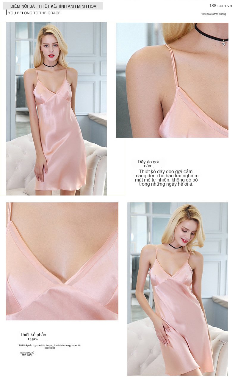 Váy Ngủ Lụa Tơ Tằm 100% Hai Dây Mỏng Mùa Hè Ren Gợi Cảm Màu Hồng, Xanh Navy, Trắng chi tiết 2