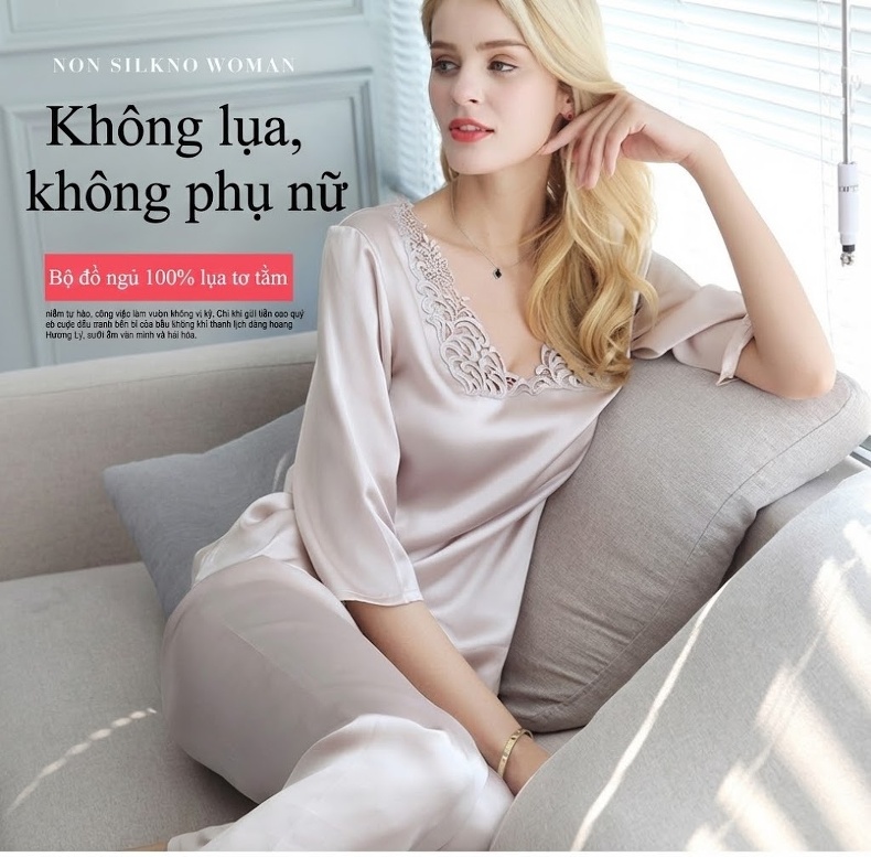 Bộ Đồ Ngủ Lụa Tơ Tằm 100% Tay Lỡ Quần Dài Mùa Thu Màu Hồng chi tiết 1
