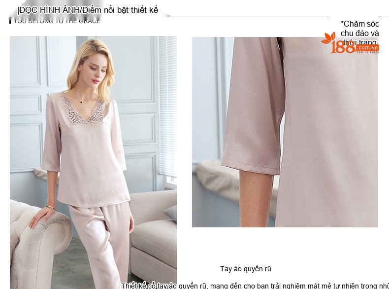 Bộ Đồ Ngủ Lụa Tơ Tằm 100% Tay Lỡ Quần Dài Mùa Thu Màu Hồng chi tiết 2