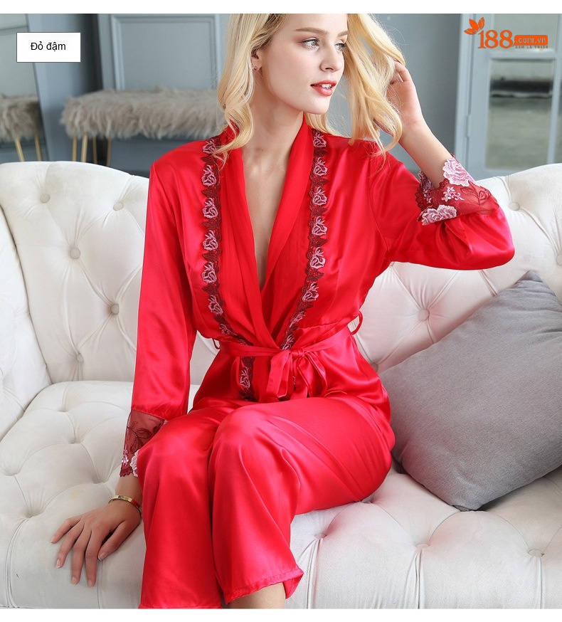 Bộ Đồ Ngủ Nữ Lụa Tơ Tằm Dài Tay Màu Đỏ chi tiết 8