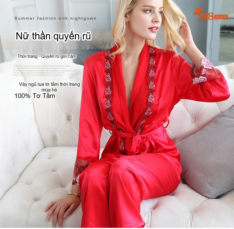 Bộ Đồ Ngủ Nữ Lụa Tơ Tằm Dài Tay Màu Đỏ chi tiết 1