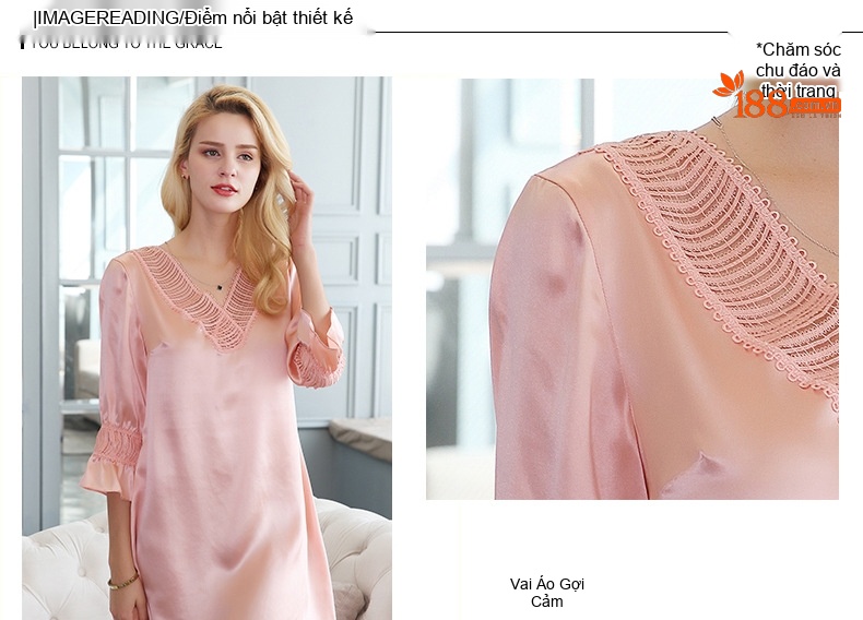 Váy Ngủ Lụa Tơ Tằm Nữ Cổ chữ V Sensual Tay Lỡ Màu Hồng chi tiết 2
