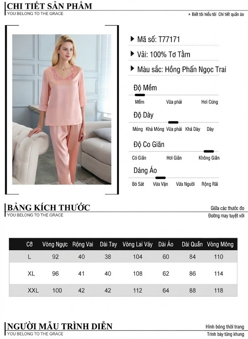 Bộ Đồ Ngủ Lụa Tơ Tằm 100% Tay Lỡ Quần Dài Mùa Thu Màu Hồng chi tiết 5