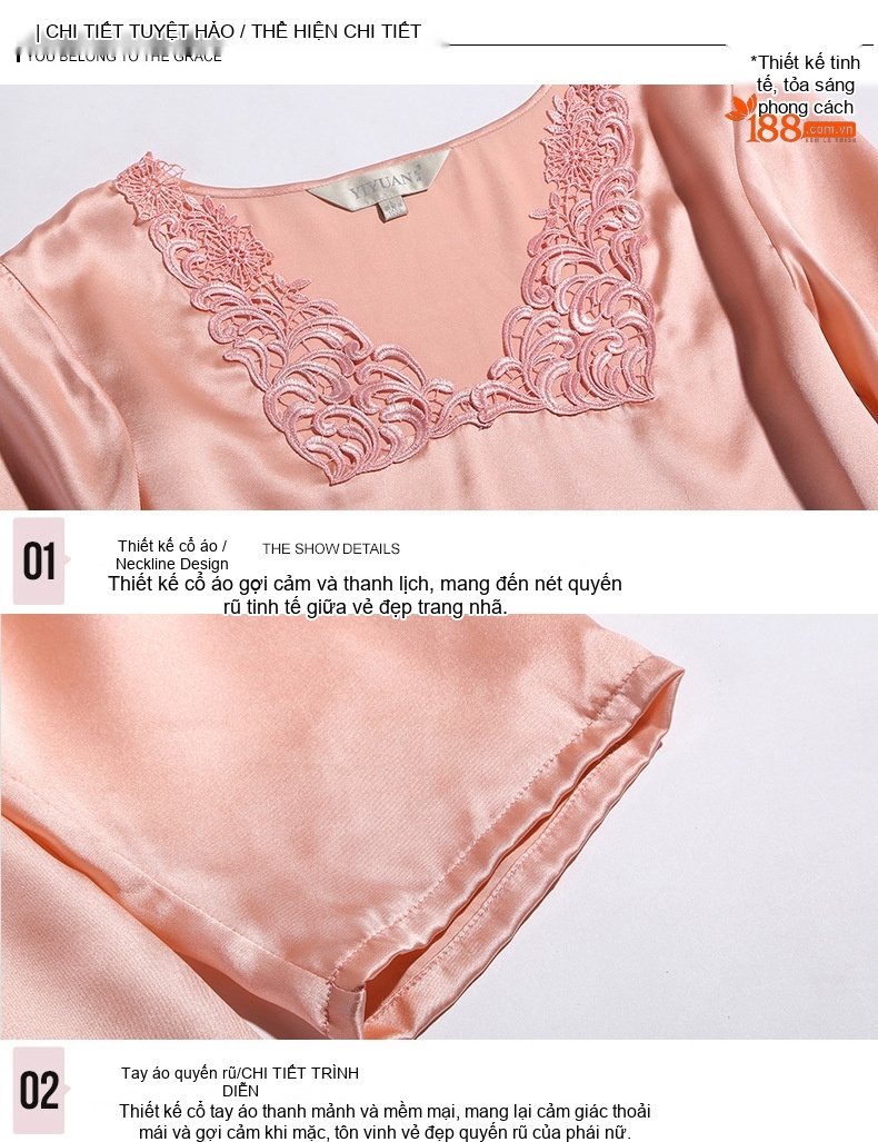 Bộ Đồ Ngủ Lụa Tơ Tằm 100% Tay Lỡ Quần Dài Mùa Thu Màu Hồng chi tiết 16