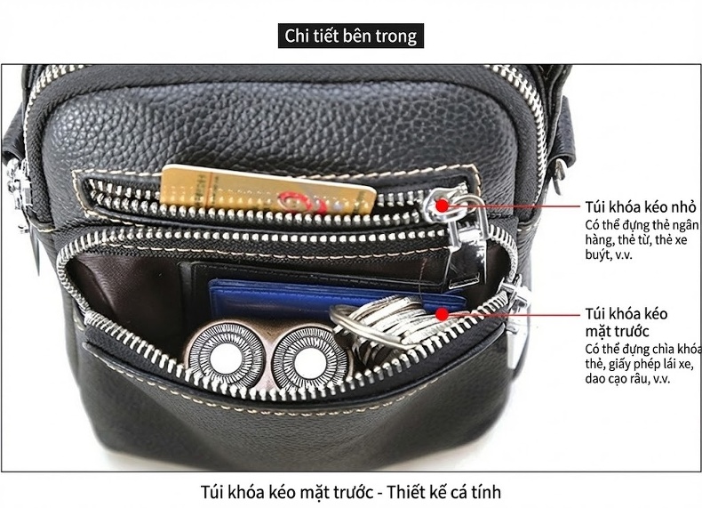 Túi Đeo Vai Nam Da Bò Thời Trang Cao Cấp, Túi Đeo Chéo Nam Màu Đen chi tiết 8