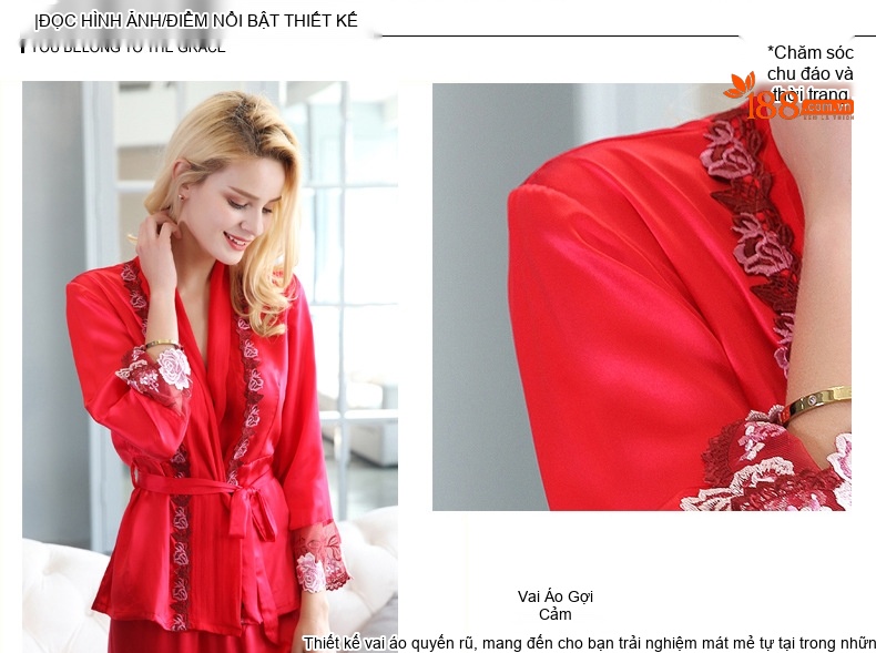 Bộ Đồ Ngủ Nữ Lụa Tơ Tằm Dài Tay Màu Đỏ chi tiết 2