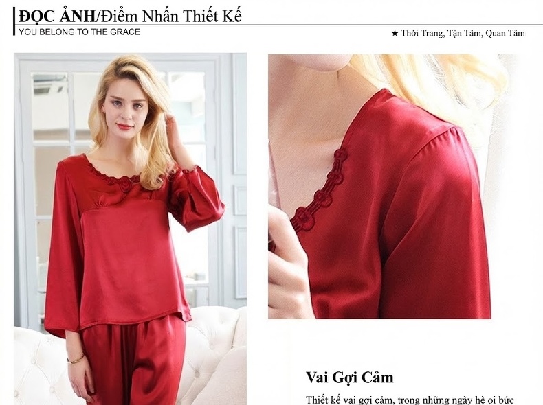 Bộ Đồ Ngủ Lụa Tơ Tằm Nữ Tay Dài Quần Dài Cổ Tròn Thêu Hoa Màu Đỏ, Hồng, Kem chi tiết 2