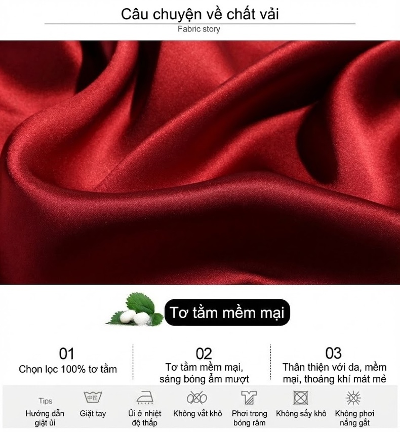 Bộ Đồ Ngủ Lụa Tơ Tằm Nữ Tay Dài Quần Dài Cổ Tròn Thêu Hoa Màu Đỏ, Hồng, Kem chi tiết 4