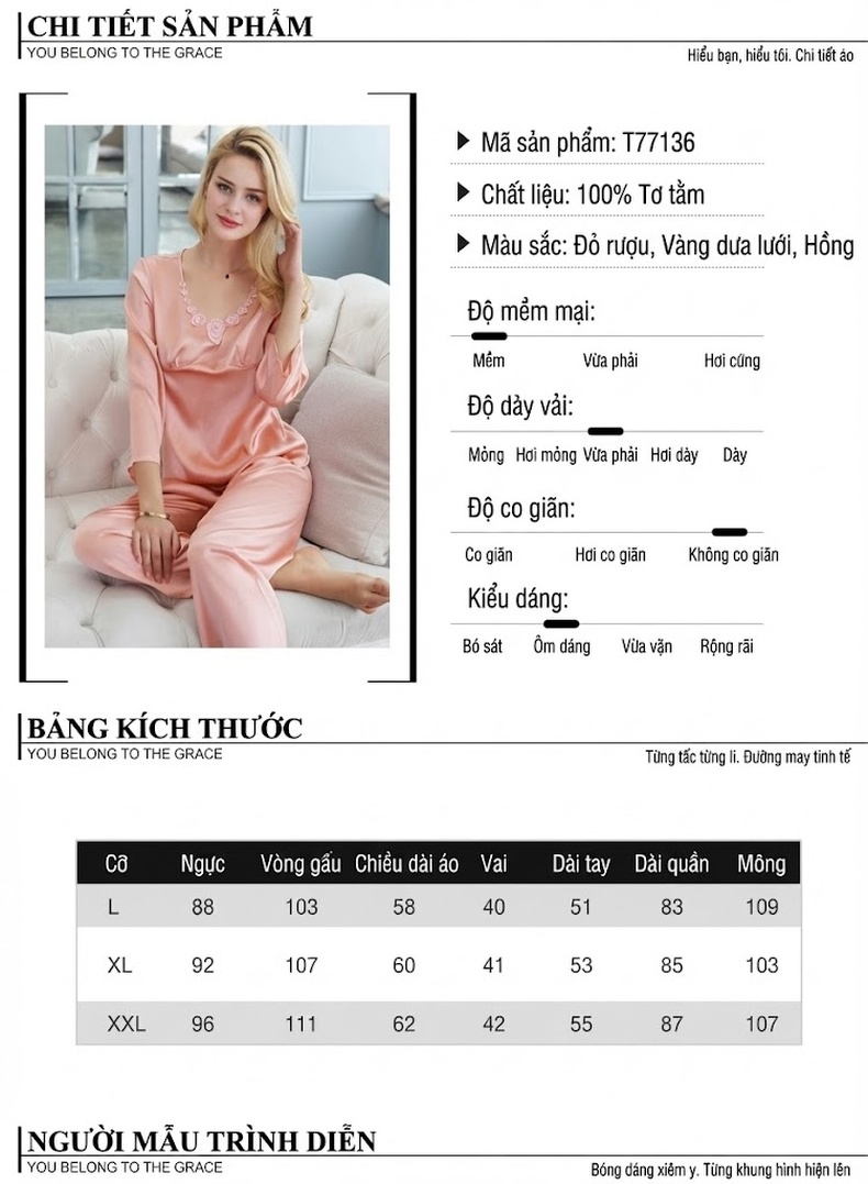 Bộ Đồ Ngủ Lụa Tơ Tằm Nữ Tay Dài Quần Dài Cổ Tròn Thêu Hoa Màu Đỏ, Hồng, Kem chi tiết 5