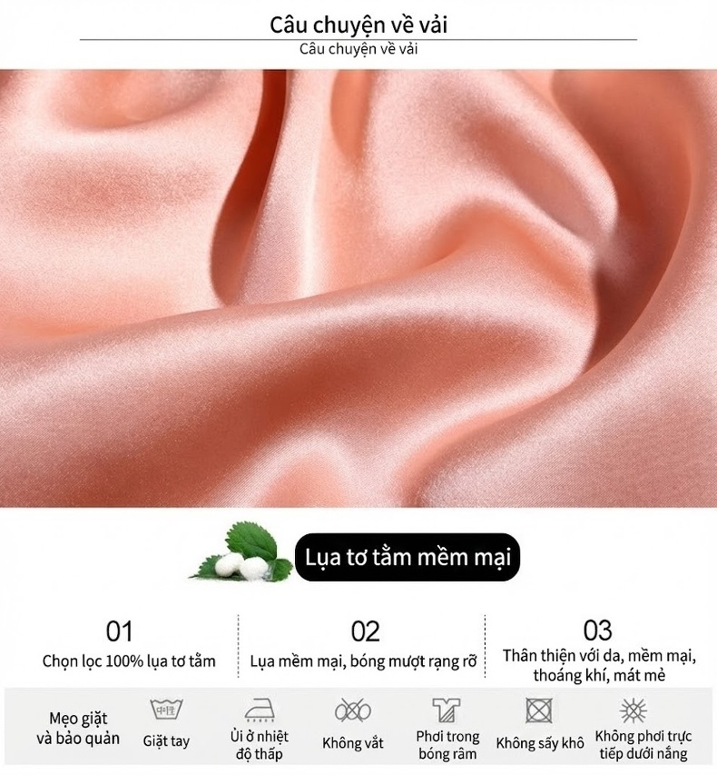Bộ Đồ Ngủ Lụa Tơ Tằm 100% Tay Lỡ Quần Dài Mùa Thu Màu Hồng chi tiết 4