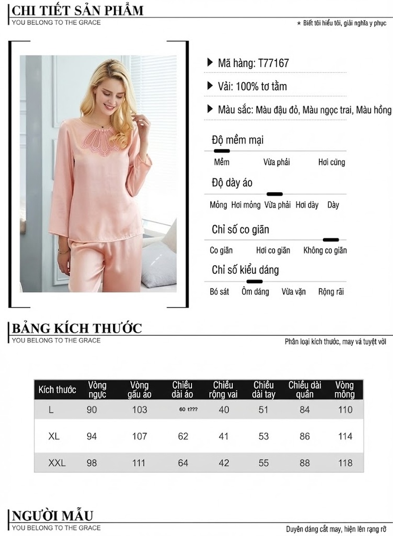 Bộ Đồ Ngủ Lụa Tơ Tằm Dài Tay Cổ Ren Họa Tiết Cho Nữ Màu Hồng, Cam chi tiết 4