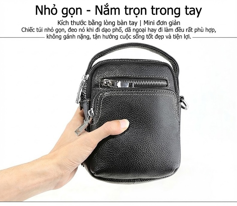Túi Đeo Vai Nam Da Bò Thời Trang Cao Cấp, Túi Đeo Chéo Nam Màu Đen chi tiết 13