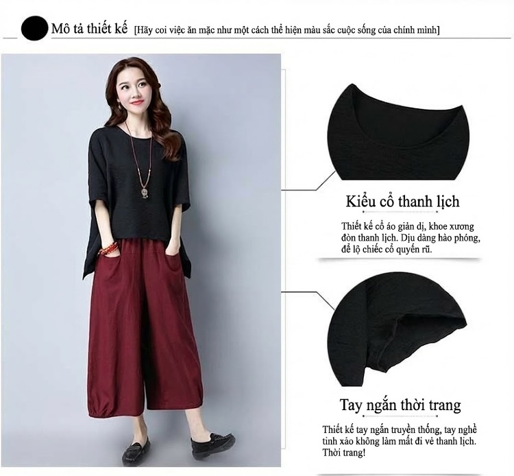 Set Bộ Quần Áo Nữ Cotton Lanh Tay Lỡ Quần Ống Rộng Màu Đen, Trắng, Đỏ, Xanh... chi tiết 2