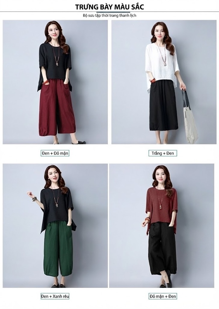Set Bộ Quần Áo Nữ Cotton Lanh Tay Lỡ Quần Ống Rộng Màu Đen, Trắng, Đỏ, Xanh... chi tiết 4