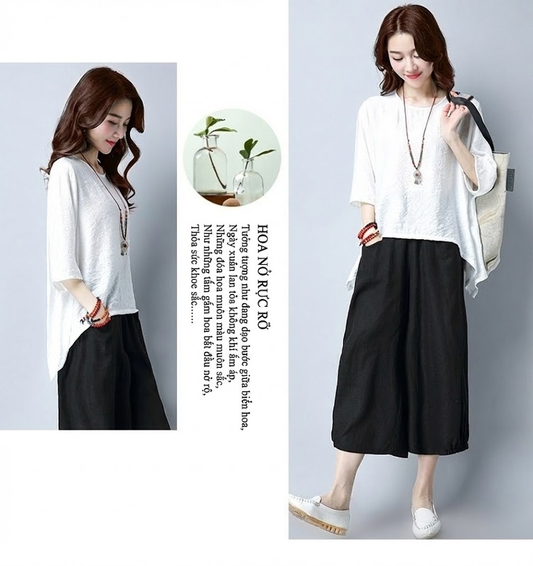 Set Bộ Quần Áo Nữ Cotton Lanh Tay Lỡ Quần Ống Rộng Màu Đen, Trắng, Đỏ, Xanh... chi tiết 9
