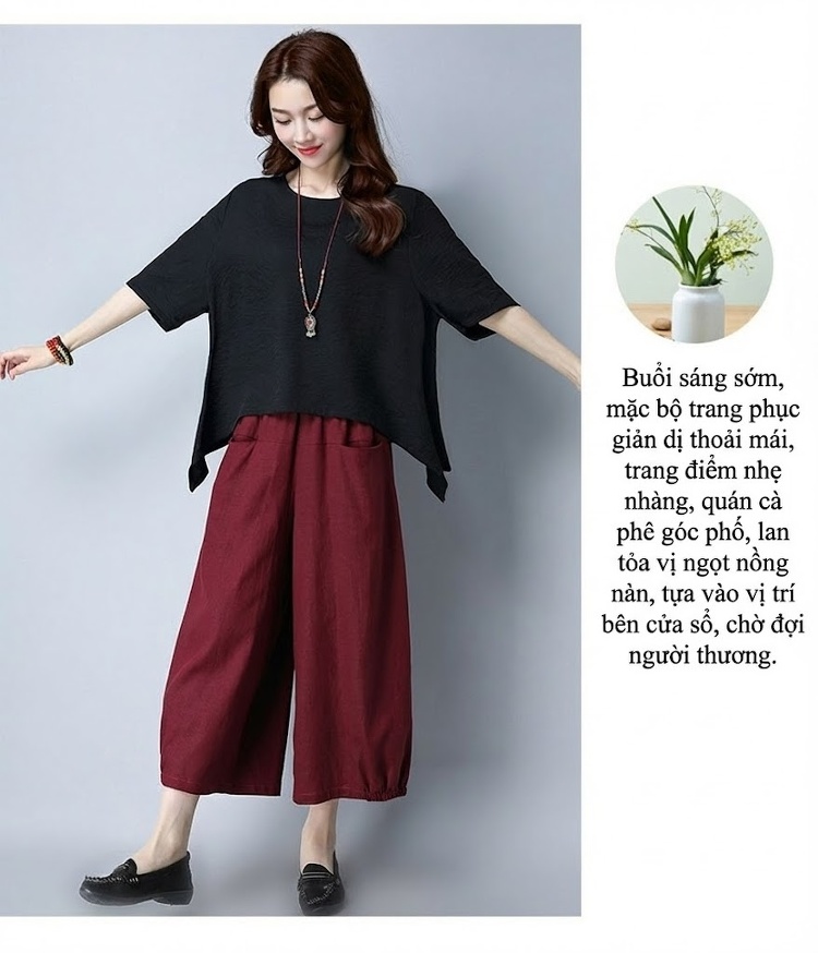 Set Bộ Quần Áo Nữ Cotton Lanh Tay Lỡ Quần Ống Rộng Màu Đen, Trắng, Đỏ, Xanh... chi tiết 13