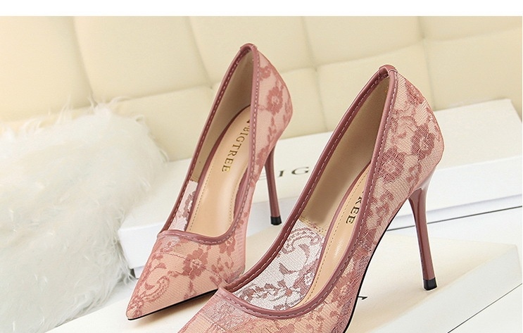 Giày Cao Gót Nữ Lưới Ren Gót Nhọn Hở Lưng Chiều Cao Đế Khoảng 8cm Màu Đen, Đỏ, Hồng, Kem... chi tiết 11