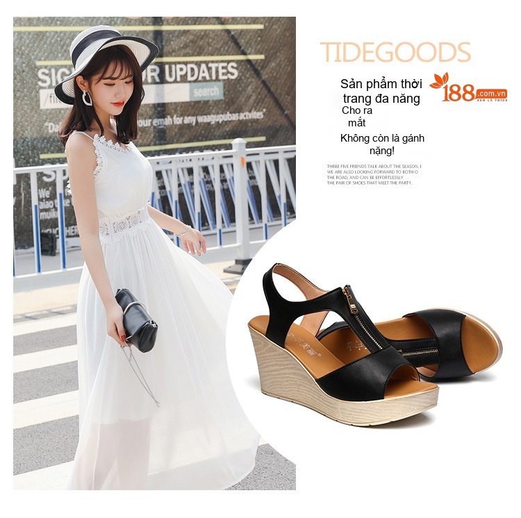 Dép Sandal Nữ Hở Ngón Đế Xuồng Quai Chữ T Khoá Kéo Đế Cao 5cm - 6cm Màu Đen, Kem chi tiết 10